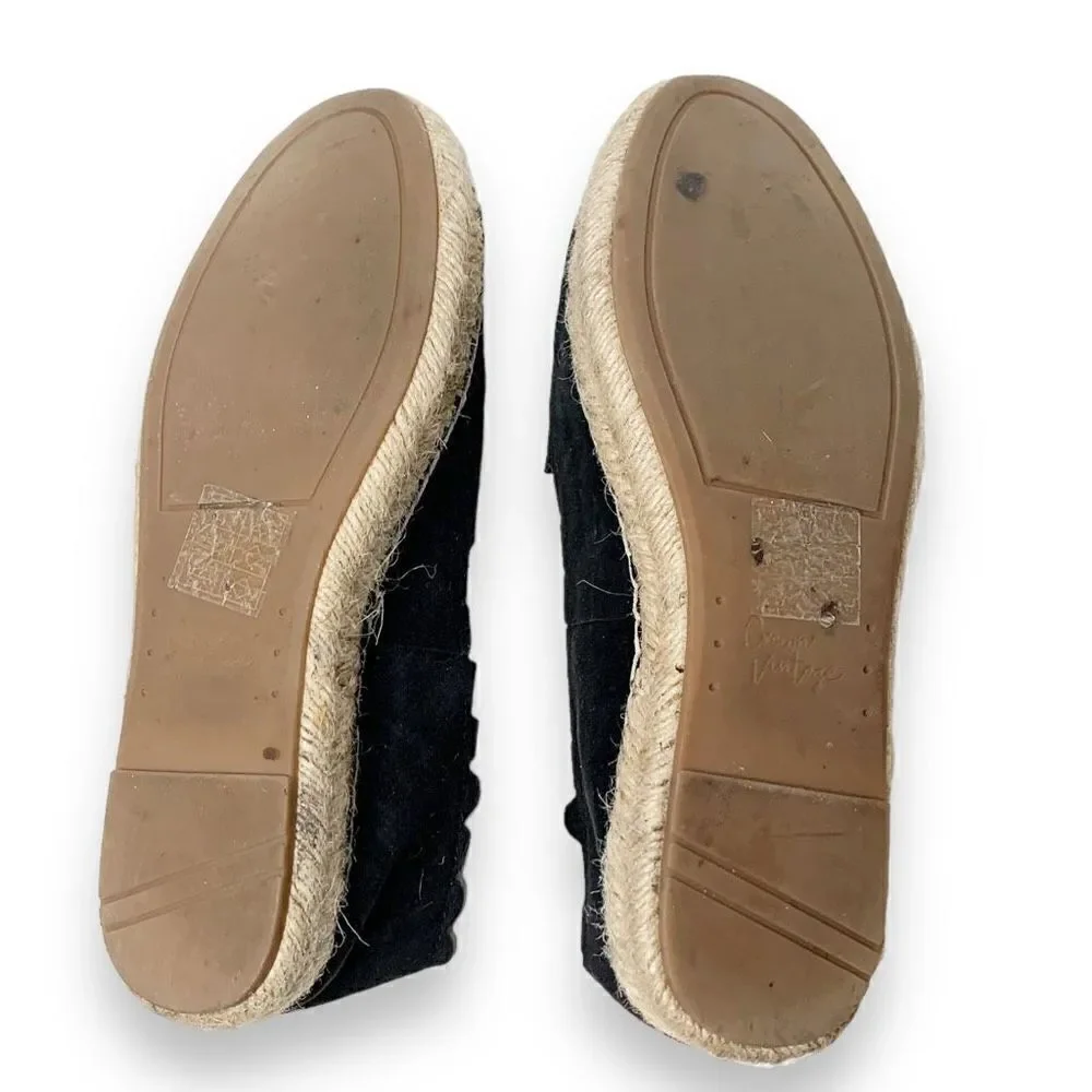 Crown Vintage Brae Espadrille Platform Slip-On Black Suede Scalloped Trim Sz 7.5